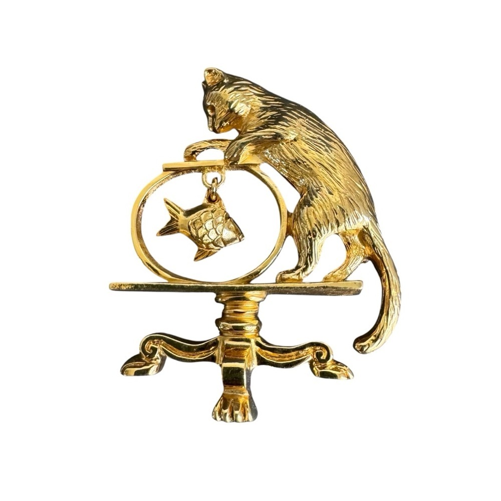 Vintage Cat‎ & Fish Bowl Brooch Gold Tone Pin Kitty Kitten Avon
